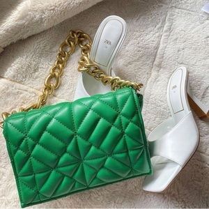 Zara Green Quilted Shoulder Bag with Chain